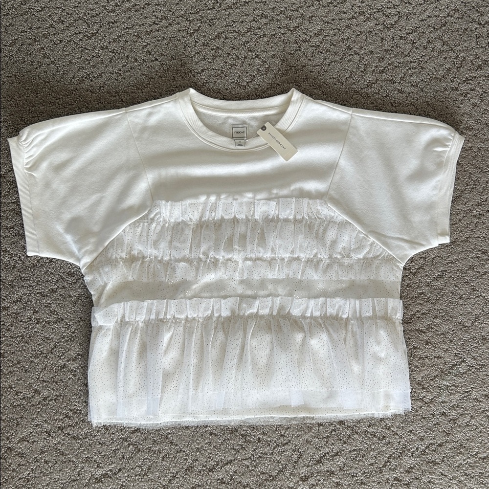 Anthropologie Maeve Short-Sleeve Smocked Ruffled Sweatshirt Glitter Tulle XS NWT - Picture 7 of 12
